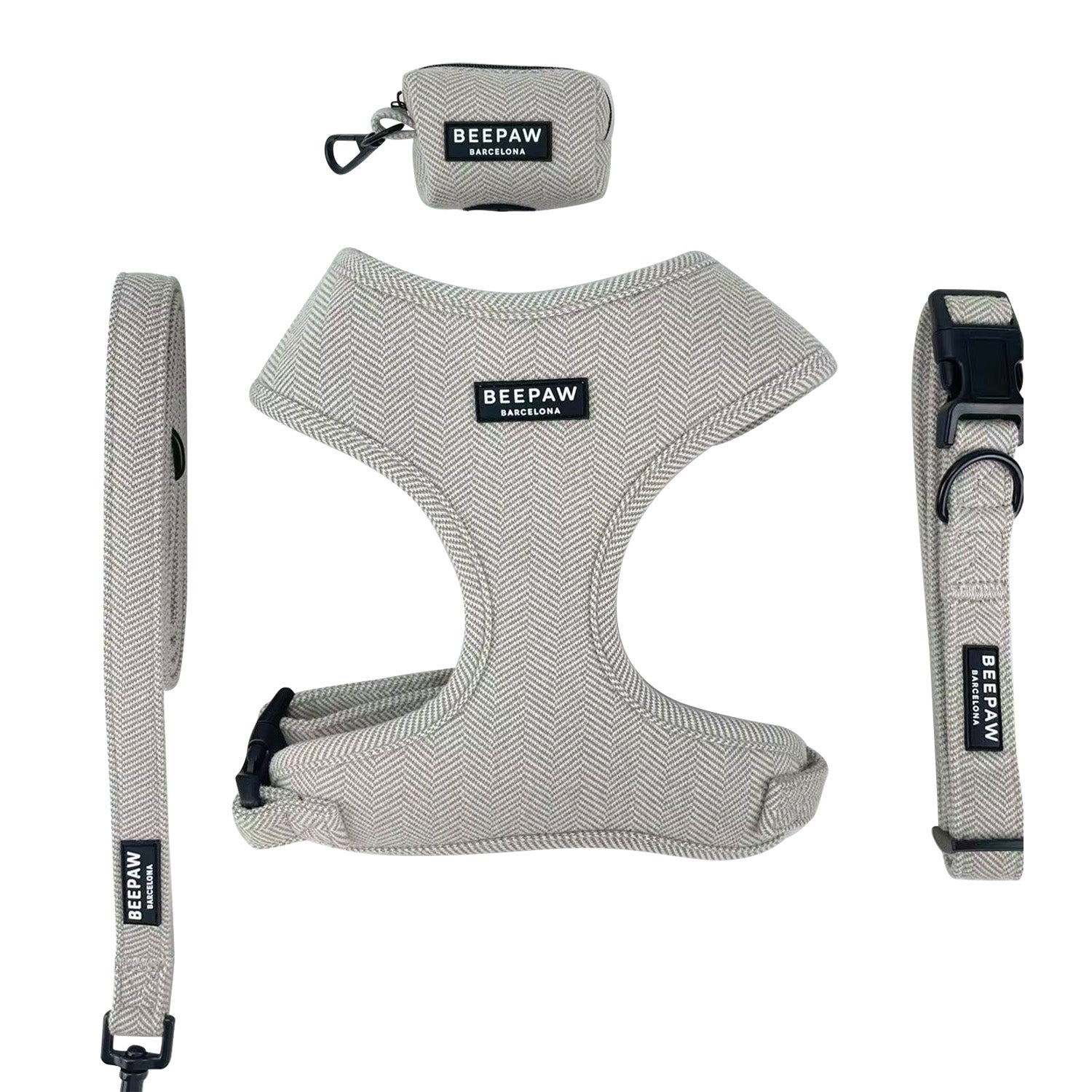 Pack Arnés ajustable, collar y correa - Tweed Beige