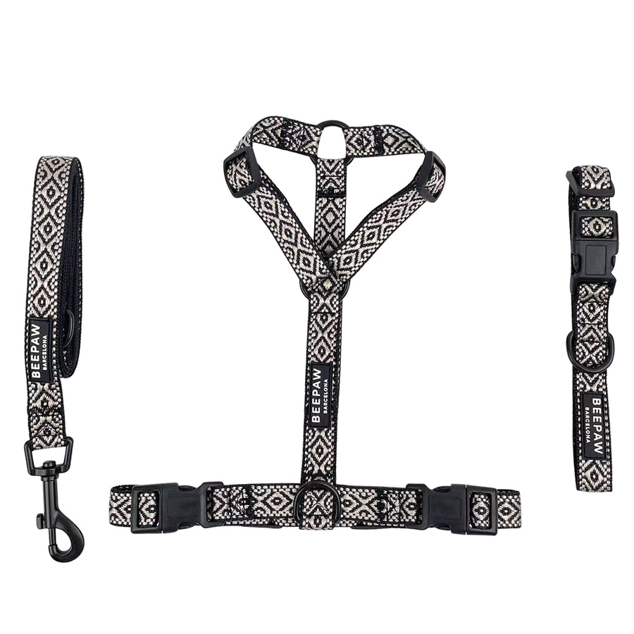 Pack de arnés, collar y correa para perro Boho Negro – Beepaw Barcelona