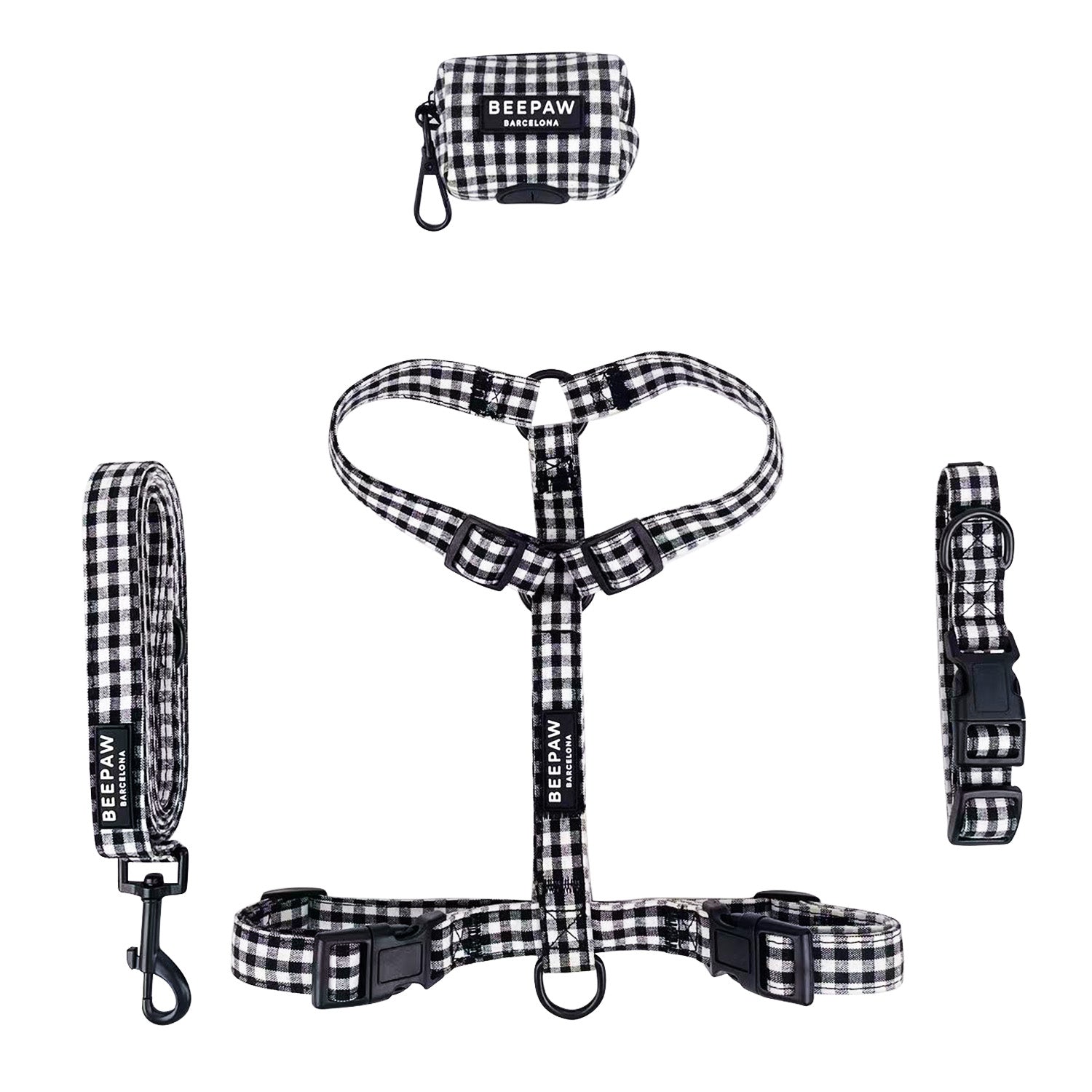 Pack Arnés ajustable, collar y correa - Vichy Negro