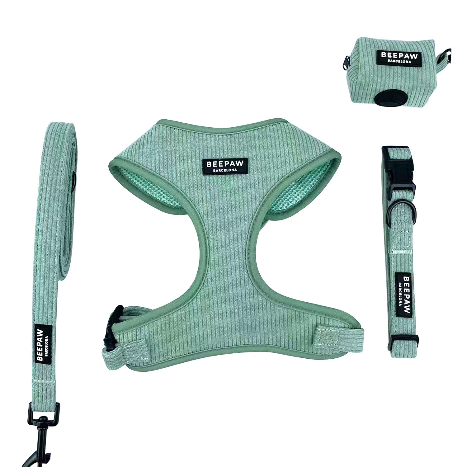 Pack Arnés ajustable, collar y correa - Pana Verde