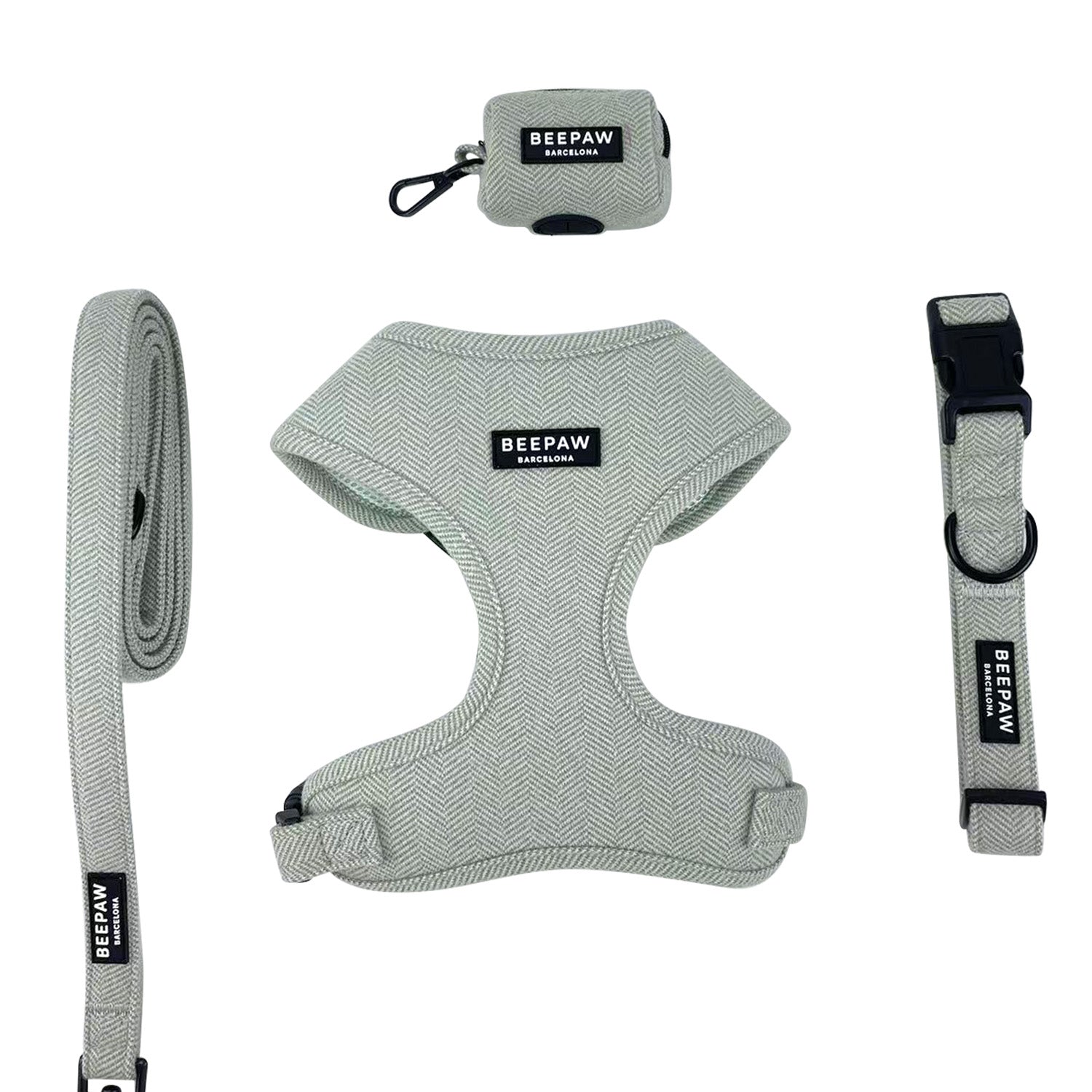 Pack Arnés ajustable, collar y correa - Tweed Verde