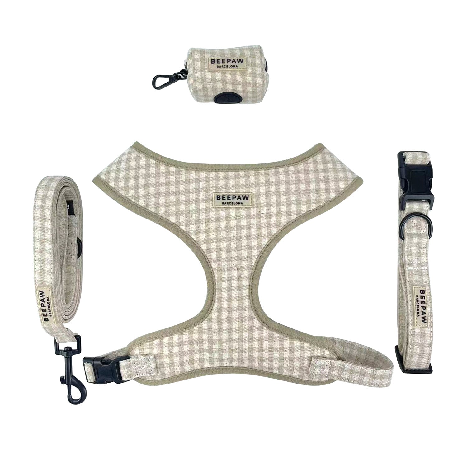 Pack Arnés ajustable, collar y correa - Vichy Beige