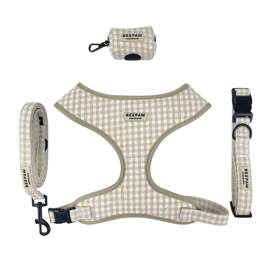 Pack de arnés, collar y correa para perro Vichy Beige – Beepaw Barcelona